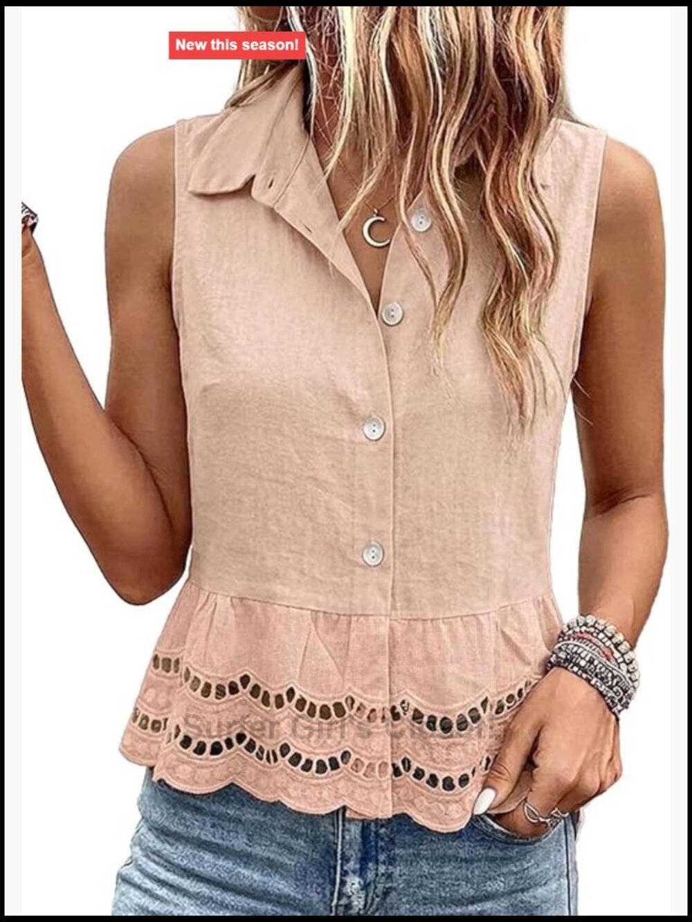 Women's Sleeveless Tank Top V-Neck Button Front Eyelet Cotton Blouse